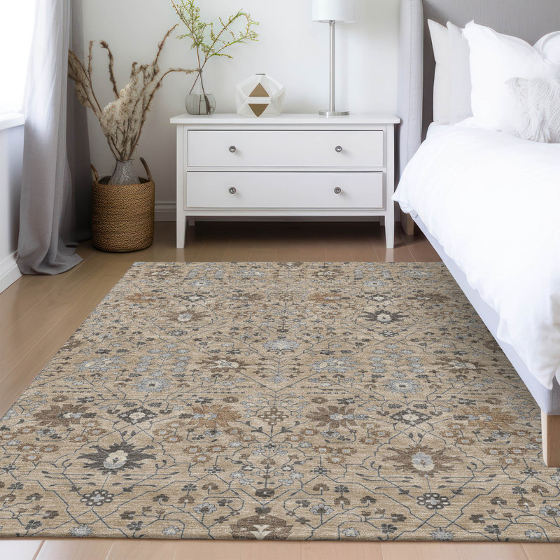 Taupe and Gray Synthetic Washable Rectangular Area Rug