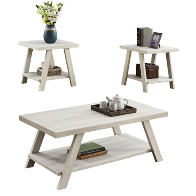 Contemporary White Coffee Table With Shelf And Paired End Tables Unit Stylish Matching