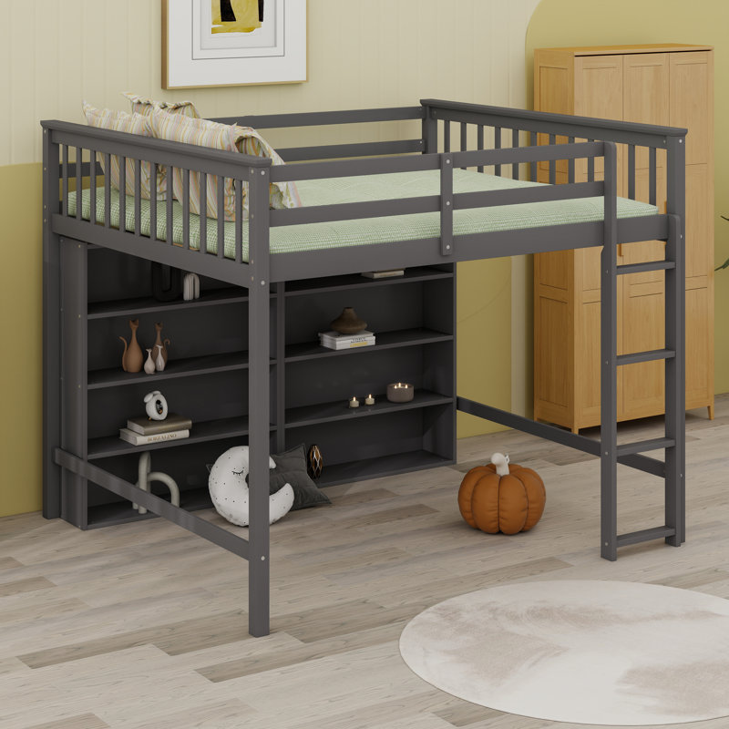 Solid Wood Loft Bed With 8 Open Storage Shelves, Built-In Ladder, Gray