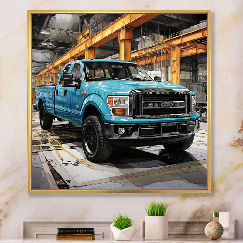 Teal Pickup Truck Industrial Drive - Transportation Canvas Wall Art, H 24 po x l 24 po x P 1 po, Cadre doré à une seule photo