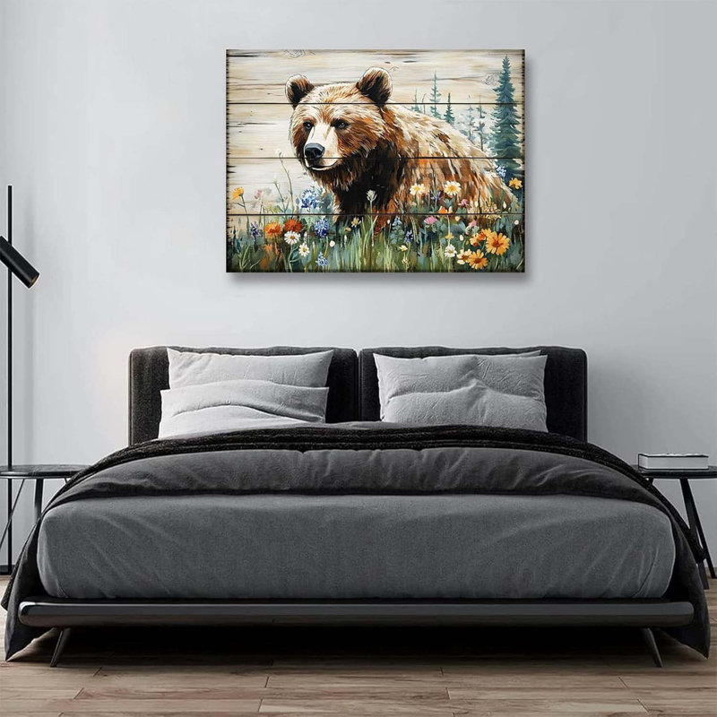 Rustic Bear Wall Art Brown Bear Wall Decor Farmhouse Forest Animal Wall Decor Kids Room Animal Artwork Wildflowers Nature Scenery Canvas Painting For Living Room Bedroom Office Canvas