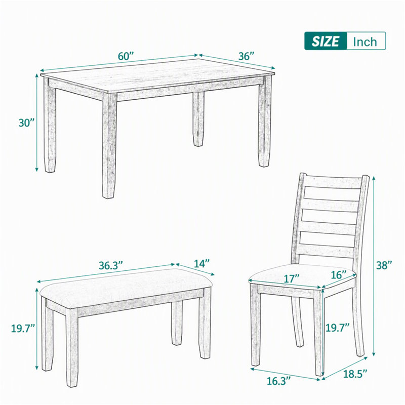 Ensemble de table de salle à manger de style rustique 6 pièces avec 4 chaises rembourrées et un banc