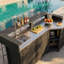 Ensemble de cuisine modulaire pour l'extérieur | Bois de cèdre, comptoir en acier inoxydable, base de lavabo et armoires de rangement-132759225
