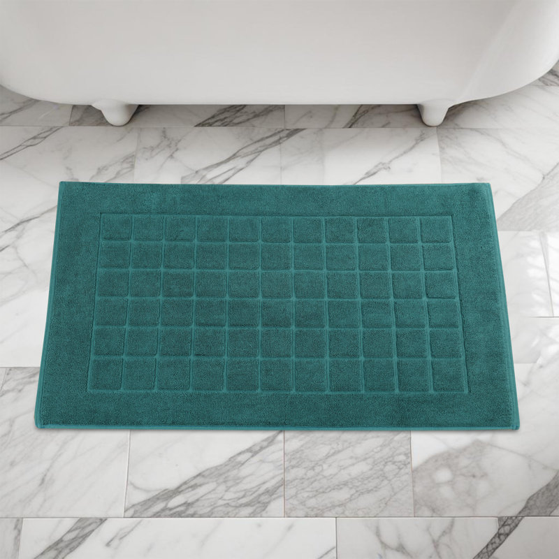 Nora Cotton Terry Solid Absorbent Thick Checkered Washable Bath Mat Set Of 2, Teal