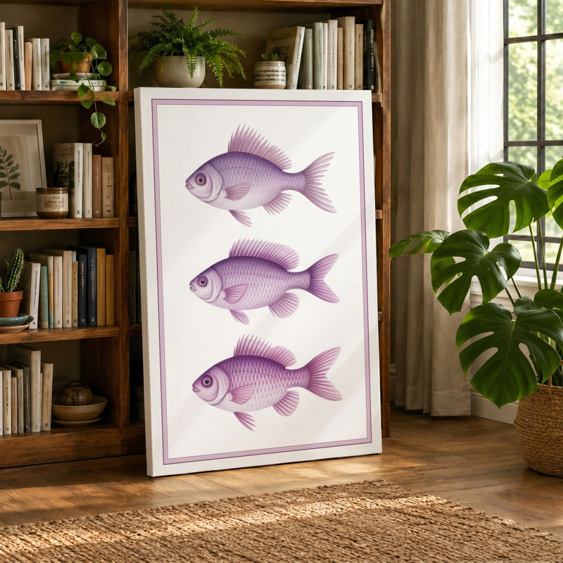 Three Purple Fish Japandi - Wrapped Canvas, 18x12 - 45.7 x 30.5 cm, Ochre Border