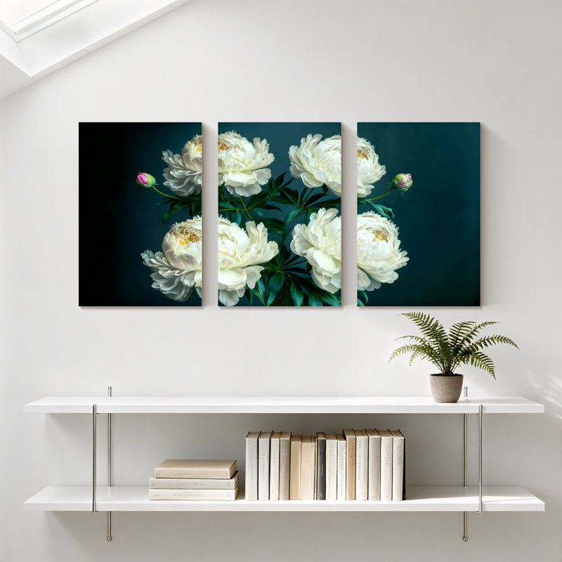 Pivoine blanche pivoines sur fond foncé avec ensemble de 3 impressions murales sur toile, H 18 po x l 36 po