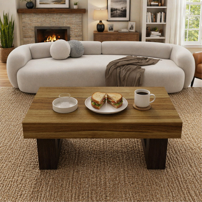 Table basse de 42 po de style ferme rustique en MDF brun avec base robuste pour le salon