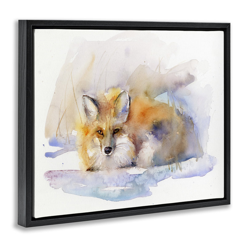«Fox Sleeping in Snow», art mural sur toile par John Keeling, H 25 po x l 31 po, Cadre flottant noir de jais