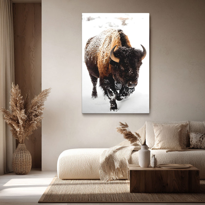 Faune «Bison enneigé dans un paysage d'hiver», art mural tendu sur toile pour bison, 36 * 24 pouces (90 * 60 * 2cm)