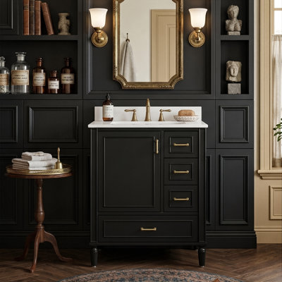 Meuble-lavabo de salle de bain moderne 24 po avec lavabo, armoire de luxe compacte avec 3 tiroirs de tri et organisateur de porte, noir / vert
