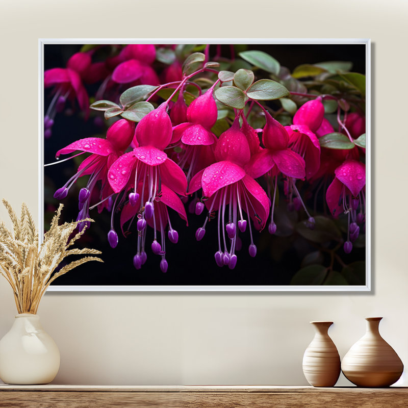 Fuchsia vivace, fleurs II, art mural floral, salon, H 24 po x l 32 po x P 1 po, Cadre flottant blanc