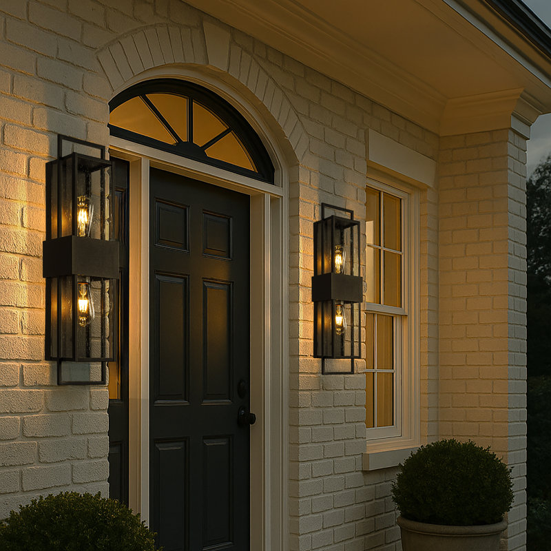 Modern Outdoor Wall Light With Dusk To Dawn Sensor H26'' Black Exterior Wall Lantern With Seeded Glass 2-light Waterproof Sconce For Porch Garage Entryway