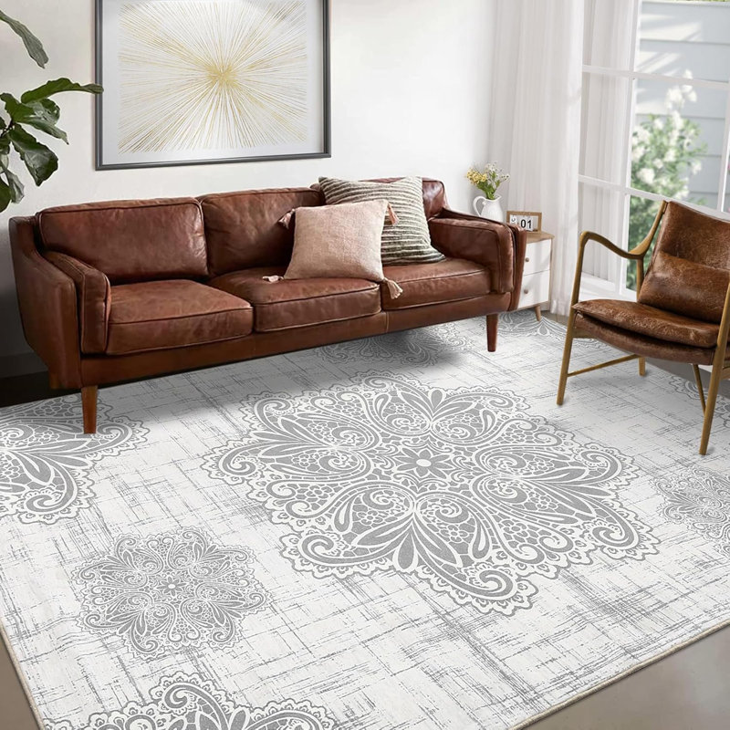 Vintage Washable Runner Rug – Non-Slip, Low Pile, Retro Indoor Carpet for Kitchen, Entryway, Laundry, Beige-Grey