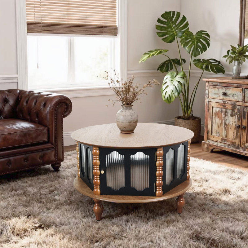 Table basse 31,5 pouces ronde à trois portes avec rangement, table basse moderne en placage de bois véritable, Brun / Noir