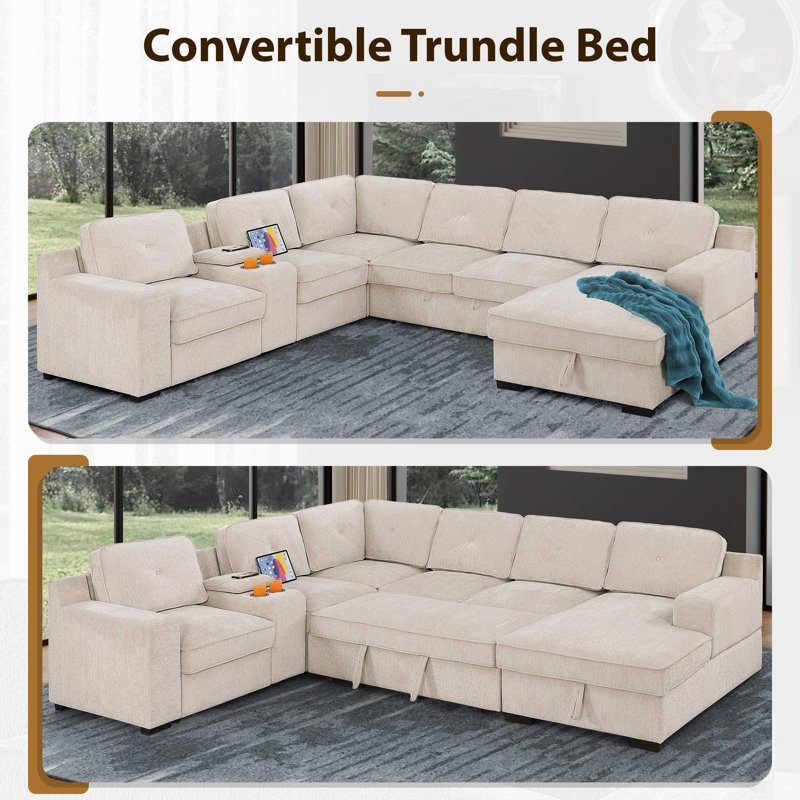119.5" Convertible Modular Sectional Sofa Bed 2-In-1 Oversized Chenille Pull-Out Sleeper Couch With Console Armrest & USB Charging & Cup Holder & Storage Chaise