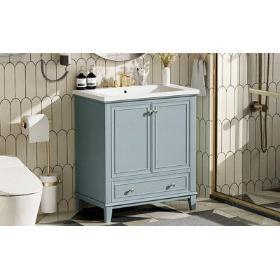 Ensemble de meuble-lavabo 30 po avec lavabo, armoire de salle de bain multifonctionnelle avec portes et tiroir, cadre solide et panneau de fibres à densité moyenne, vert