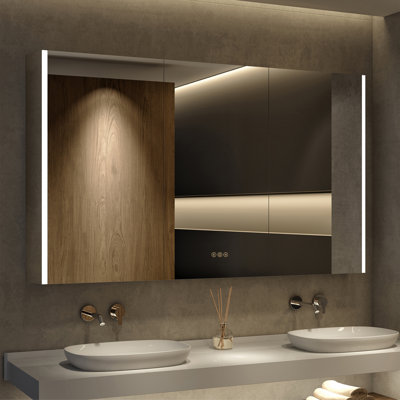 54" W x 32" H Jayland Rectangular Silver Aluminum Frame Recessed/Surface Mount Medicine Cabinet with Anti-Fog Mirrors, 3 Color Temperatures Dimmable Lights and Adjustable Glass Shelves for Bathroom