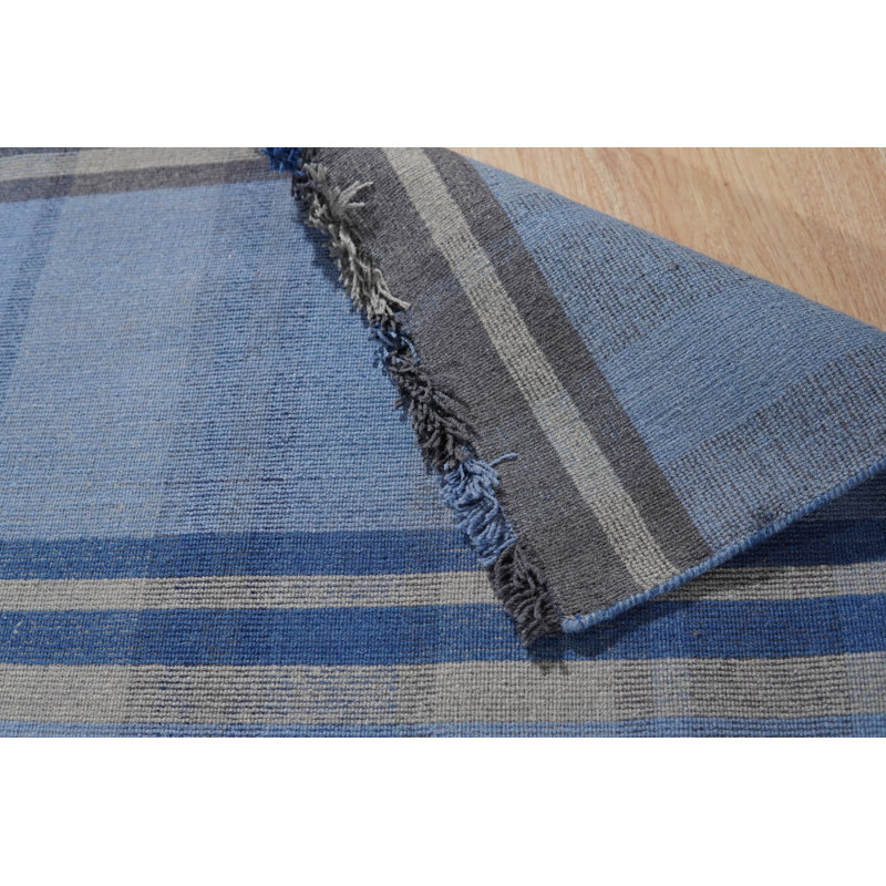 Blue Hand-Knotted Wool Subtle Striped Plaid Geometric Modern Contemporary Carpet Rug, 4' x 6'