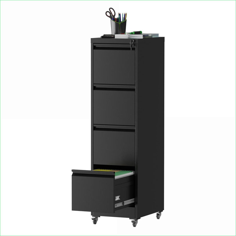 4-Drawer Metal Locking File Cabinet On Wheels For Office, Black