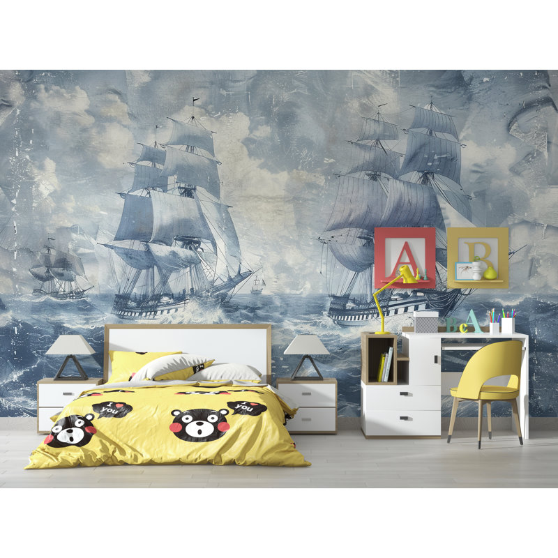 Nautical Ship Mural Wallpaper – Vintage Sailing Boat Ocean Waves Wall Decor, L 75 po x l 50 po, Luxury Canvas Texture