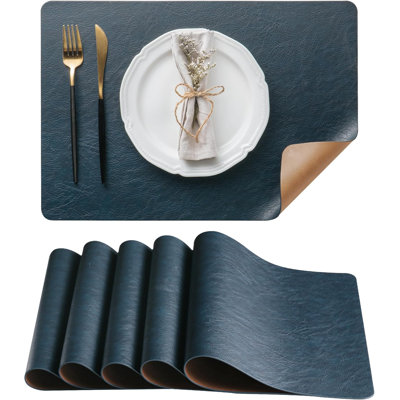 Placemats Set of 6, DOLOPL Reversible Dual-Color Faux Leather Place Mats 17"x11.8"– Waterproof, Heat Resistant, Washable & Wipeable, Luxury Retro Style for Kitchen, Dining Table (Camel/Navy Blue)