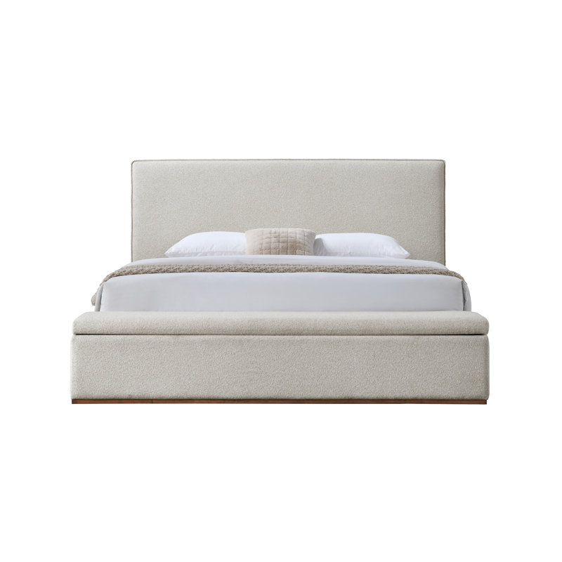 Grand lit de rangement contemporain en lin beige avec tête de lit tapissier