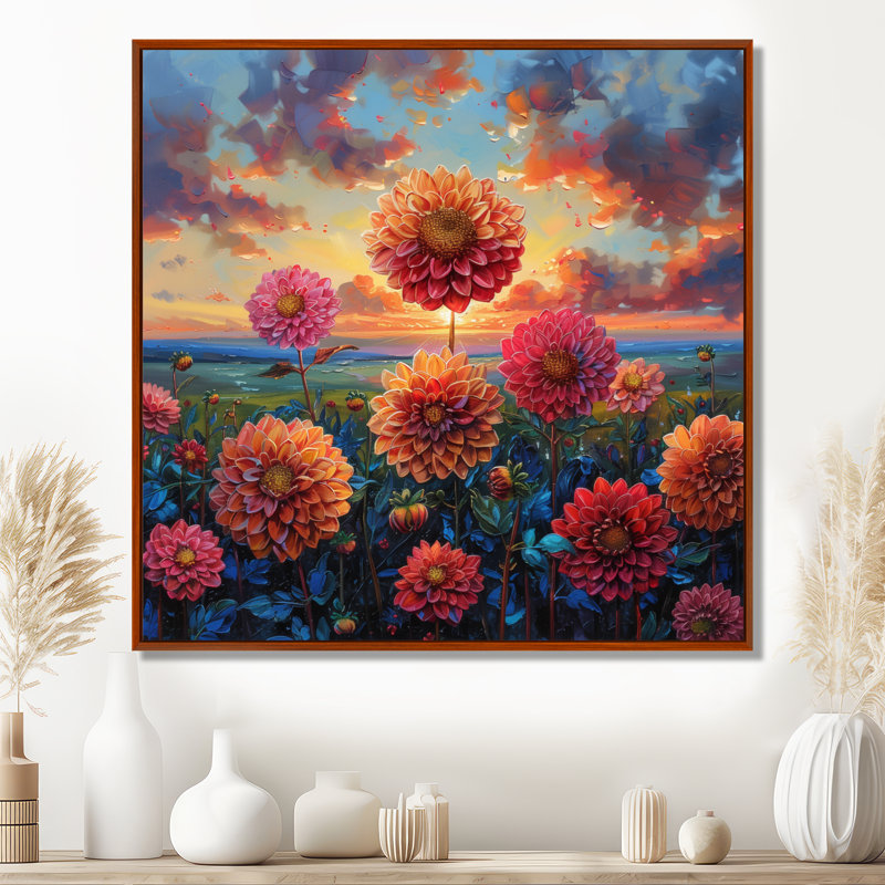 Orange orange rose coucher de soleil Dahlia Field II - Dahlia Wall Art Living Room, Cadre flottant brun, H 16 po x l 16 po
