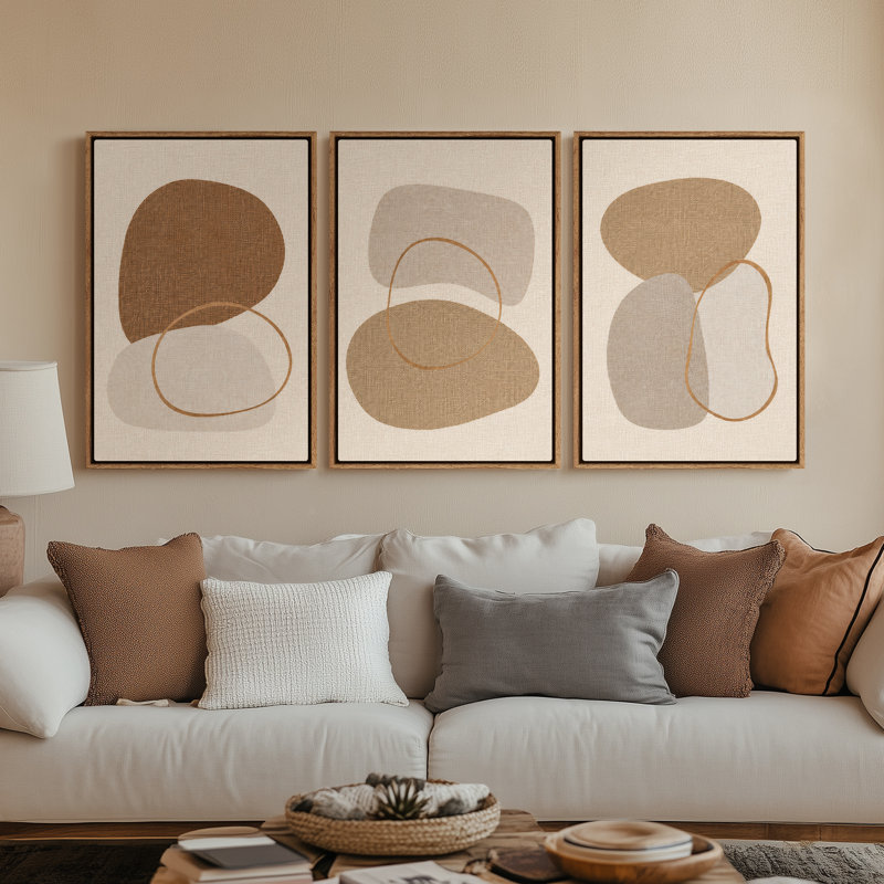 Framed Canvas Wall Art - Neutral Beige Abstract Pebble Shapes with Line Art Modern Design - 16"x24"x3pcs, 24"x36"x3pcs