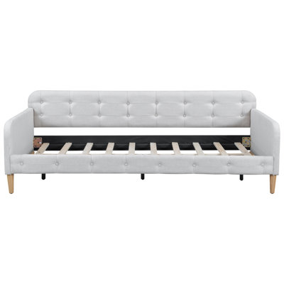 Twin Size Upholstered Daybed with Linen Fabric, Solid Wood Frame & 4 Support Legs, Beige