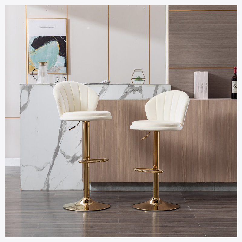 Set of 2  Bar Stools,with Chrome Footrest and Base Swivel Height Adjustable, Cream