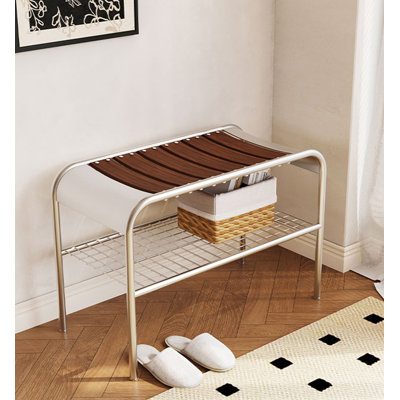 Mid - Century Modern Carbon Steel Shoe Bench with Solid Wood Seat
