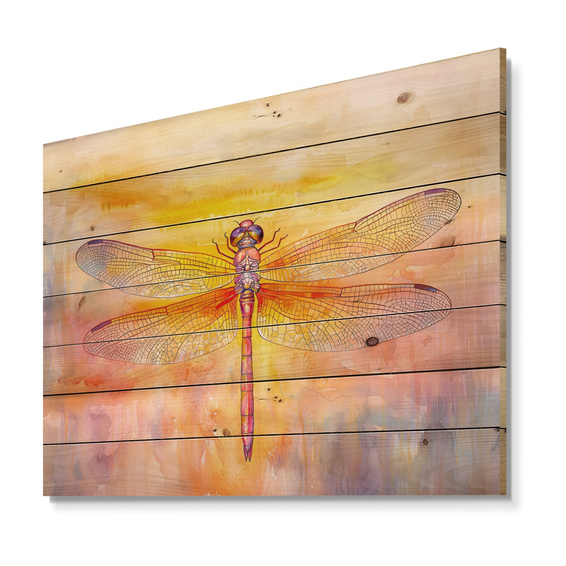 Libellule au coucher du soleil I - art mural moderne en bois sur bois de pin naturel, H 34 po x l 44 po