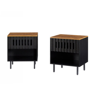 2 Set Nightstands with Grille Striped Doors, Mid Century Modern Nightstand, Bedside Table with Slatted Drawer Decor, End Tables Bedroom with Metal Legs, Night Stand for Bedroom