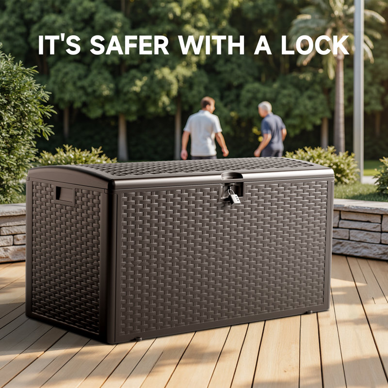 90 Gallon Deck Box, Double Layer Waterproof Resin, Lockable & UV Resistant Storage Box for Patio, Garden, Pool, Brown