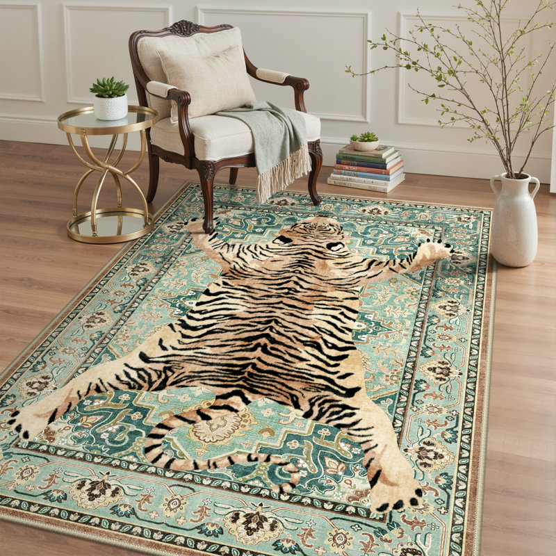 Tapis turquoise antidérapant Veatrice Zephyr, Rectangulaire 6 pi x 9 pi