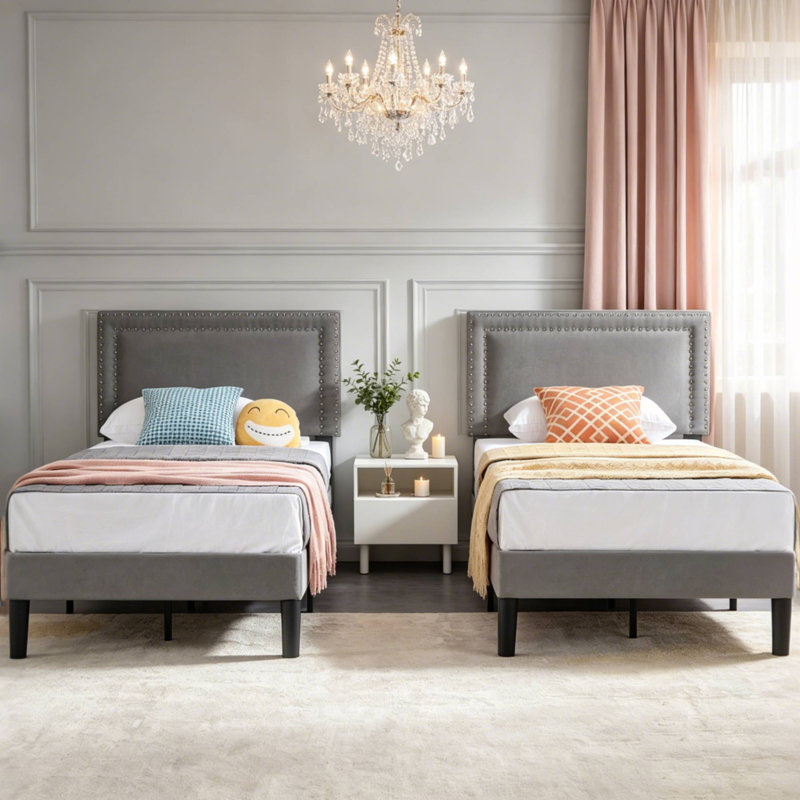 Ensemble de 2 cadres de lit plateforme tapissier gris Cadena avec tête de lit réglable capitonnée, lit simple silencieux avec rangement sous le lit de 8 pouces