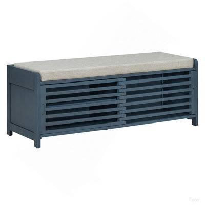 Shoe Bench With Storage And Cushion, Distressed Shutter Storage Bench With Retro Charm For Living Room, Entryway (Navy)