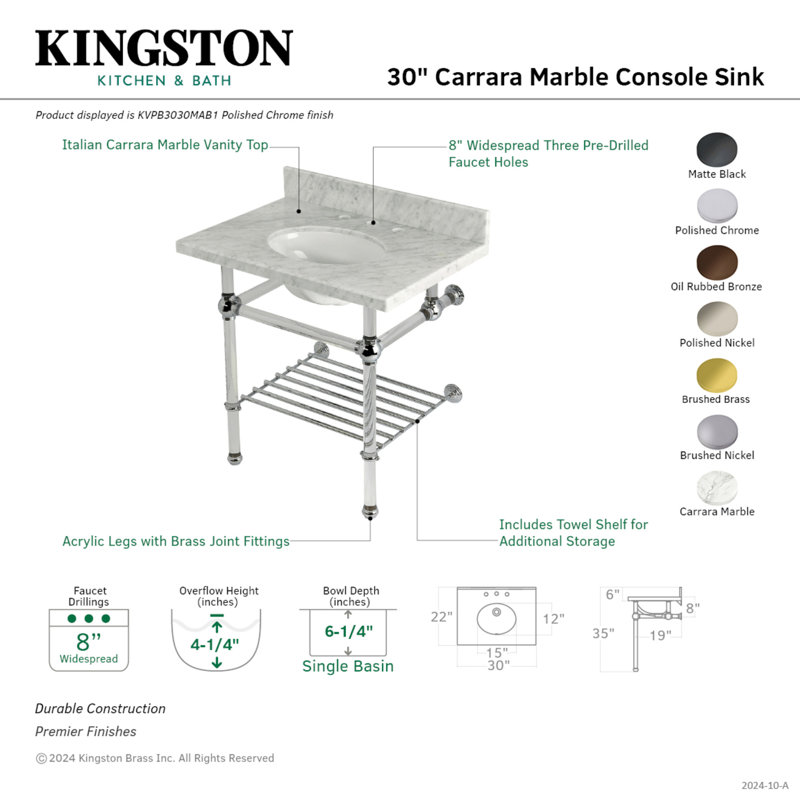 Kingston Brass Templeton 30-Inch Carrara Marble Console Sink with Acrylic Legs and Shelf (8-Inch, 3-Hole), Polished Nickel
