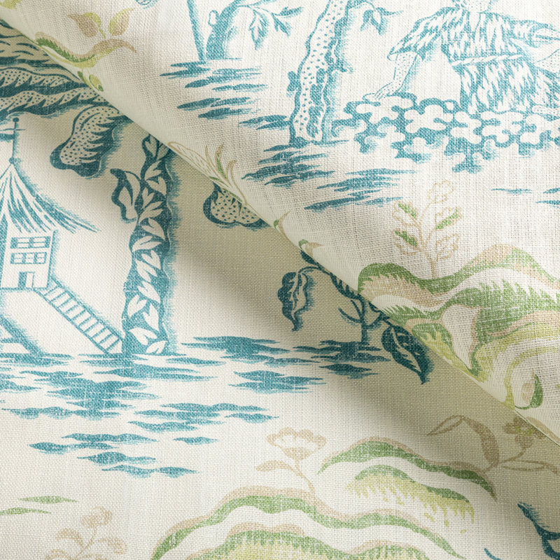 Manoir Valensole 100% Linen Fabric, Teal/Leaf