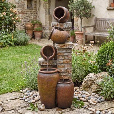 Fontaine d'extérieur rustique à pots empilés avec lumière DEL - pierre et pot d'eau en cascade pour jardin ou patio