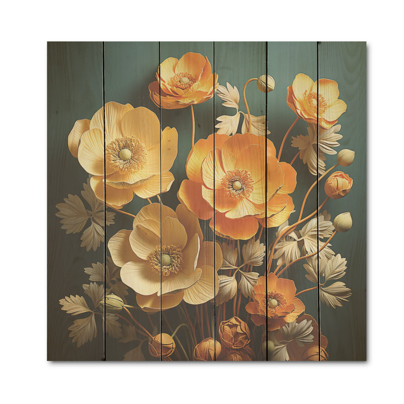 «Yellow Buttercups», art mural sur bois de pin naturel, H 15 po x l 15 po