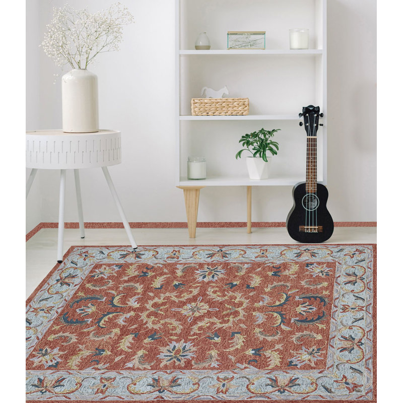 Bungalow Rose Rust/Blue Wool Area Rug, Rectangle 7'6" x 9'6"
