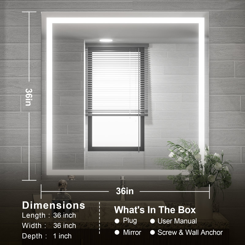 Martrez Frameless LED Lighted Bathroom / Vanity Mirror with Brightness Adjustable, Memory Function, Anti-fog, 36" x 36"