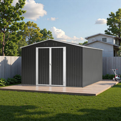 Remise de rangement extérieure 10 x 12 pi, rangement pour outils en métal avec portes verrouillables et structure de cadre actualisée, grande remise de jardin en métal pour la cour arrière, pelouse de patio