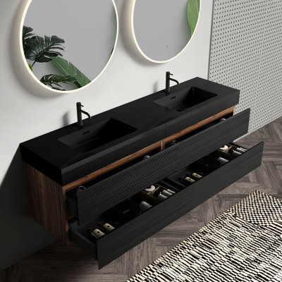 Floating Bathroom Vanity 72-inch, Matt Black Sink, Soft Drawers, Double Sinks, Four Grille Panel, Walnut Color Mix, E1 Grade Material, E0 Coating, Hidden Middle Handle, U-shaped Ultra-thin Drainage,