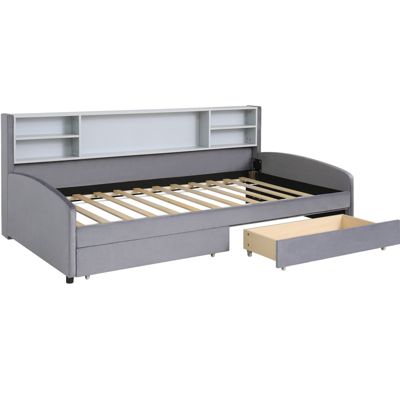 Twin Size Upholstered Platform Bed With Storage- Soft Velvet Fabric, Comfortable Headboard, Spacious Drawers For Extra Bedding And Clothing Headboard Side , Convenient