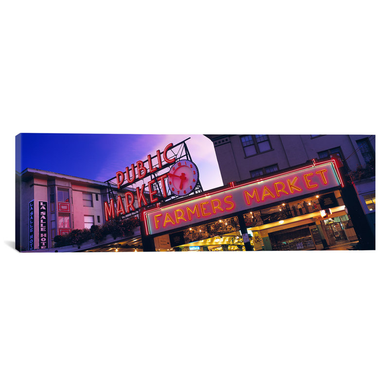 Reproduction de photo sur toile tendue "the public market seattle wa usa" panoramic, H 24 po x l 72 po x P 1,5 po