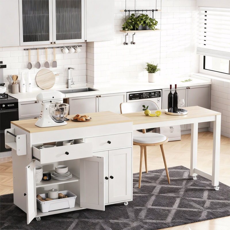 Kitchen Island With Extendable Dining Table, White