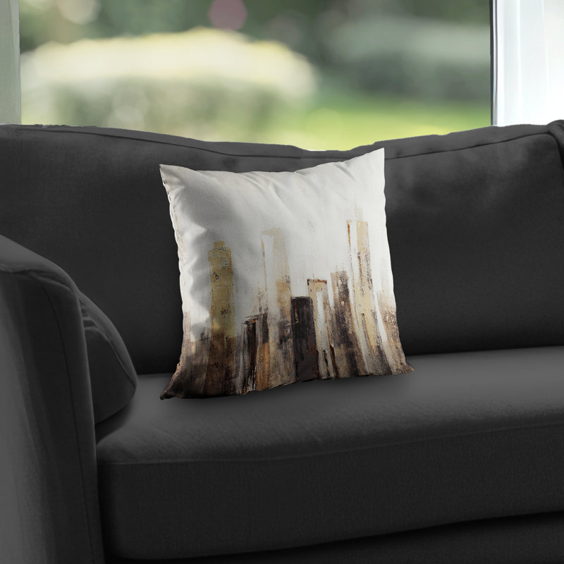 Earthy Tones City - Building Brown Poly Twill Throw Pillow – Poly Twill Throw Pillow with Insert, Double-Sided Print