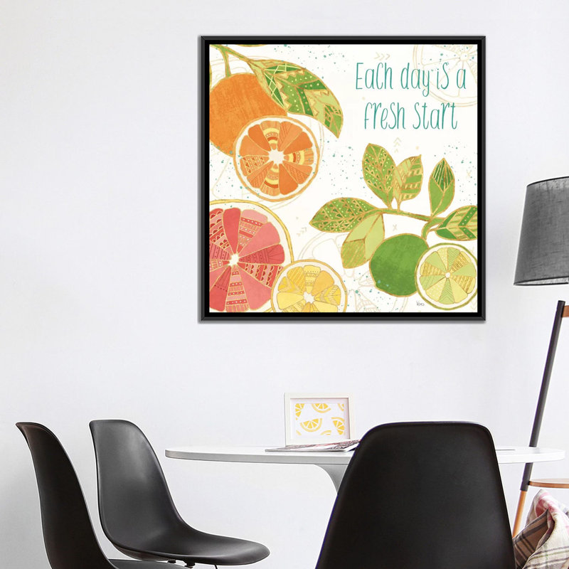 «Citrus Splash IV» par Véronique Charron, reproduction sur toile tendue sur châssis, Toile avec cadre noir, Pas de tapis